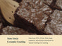 Close-up of freshly baked brownies beside a wooden spatula. Text overlay features Caraway's Mini Bakeware Set with Storage—ceramic-coated, non-toxic, and free from harmful chemicals—for cleaner baking and roasting.