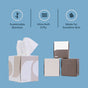 Three cube-shaped Reel Premium Bamboo Facial Tissues boxes (60 3-ply tissues each) with minimalist designs are shown on a blue background. Icons highlight: plastic-free, ultra-soft, and hypoallergenic—perfect for sensitive skin.