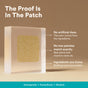 A square Relax Stress Support Patch embedded in a clear block is shown alongside its botanical ingredients—Ashwagandha, Passionflower, and Rhodiola—which provide the patch’s natural color.
