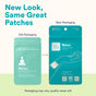 A comparison of old and new teal-colored Relax Stress Support Patches packaging, showing the shift from a minimalist design to an updated version featuring a hand icon and revised ingredient text.