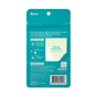 Teal pouch for Relax Stress Support Patches featuring instructions, an ingredient list, a barcode, and a graphic indicating the actual size of the four included ashwagandha relax patches.