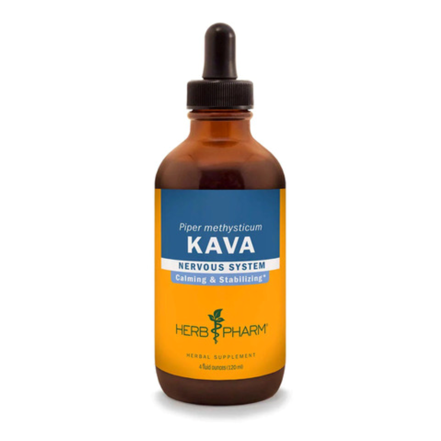 A brown glass dropper bottle labeled Herb Pharm Kava Extract, featuring a blue and yellow label with black dropper cap. Contains kava, traditionally used to calm the nervous system; consult your doctor as rare liver injury may occur.