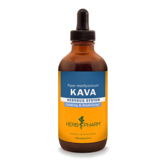 A brown glass dropper bottle labeled Herb Pharm Kava Extract, featuring a blue and yellow label with black dropper cap. Contains kava, traditionally used to calm the nervous system; consult your doctor as rare liver injury may occur.