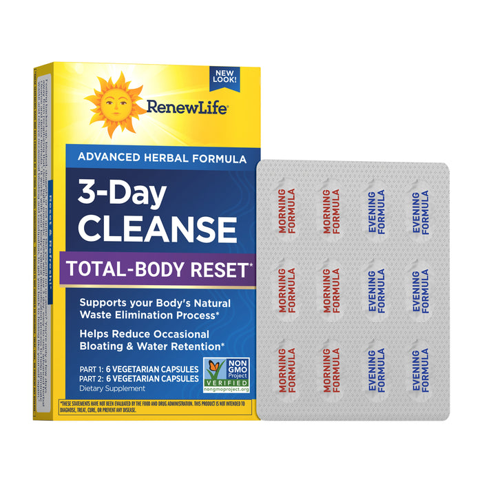 Renew Life 3-Day Cleanse shown with blister packs labeled Morning Formula and Evening Formula—an herbal detox for total-body reset and digestive support.
