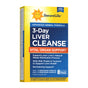 A box of Renew Life 3-Day Liver Cleanse, an advanced herbal supplement for liver and digestive health with milk thistle and turmeric, comes in blue and yellow packaging with a sun logo and gluten-free label.