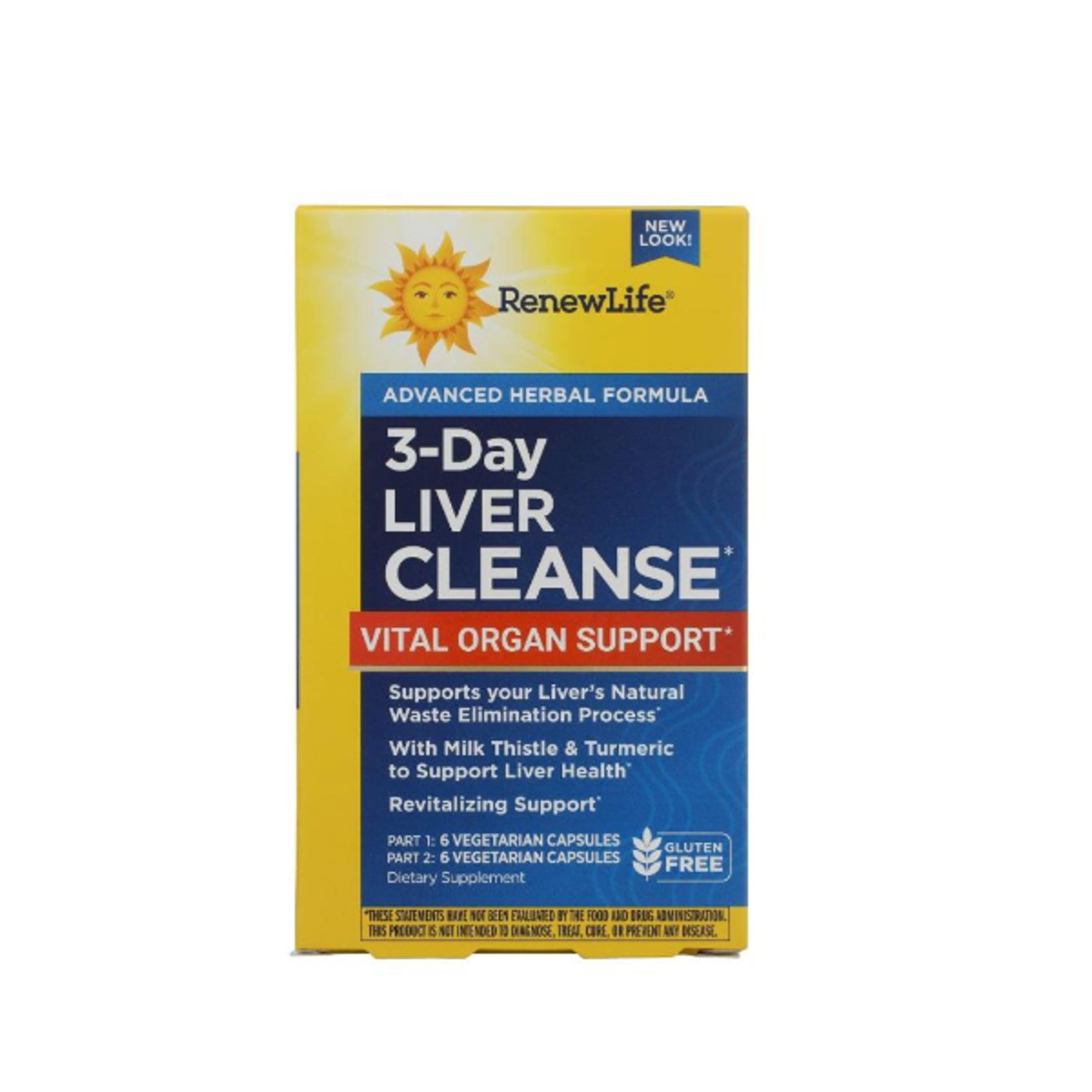 A box of Renew Life 3-Day Liver Cleanse—an advanced herbal formula supporting liver and digestive health with milk thistle, turmeric, and cape aloe. The gluten-free capsules provide natural liver support.