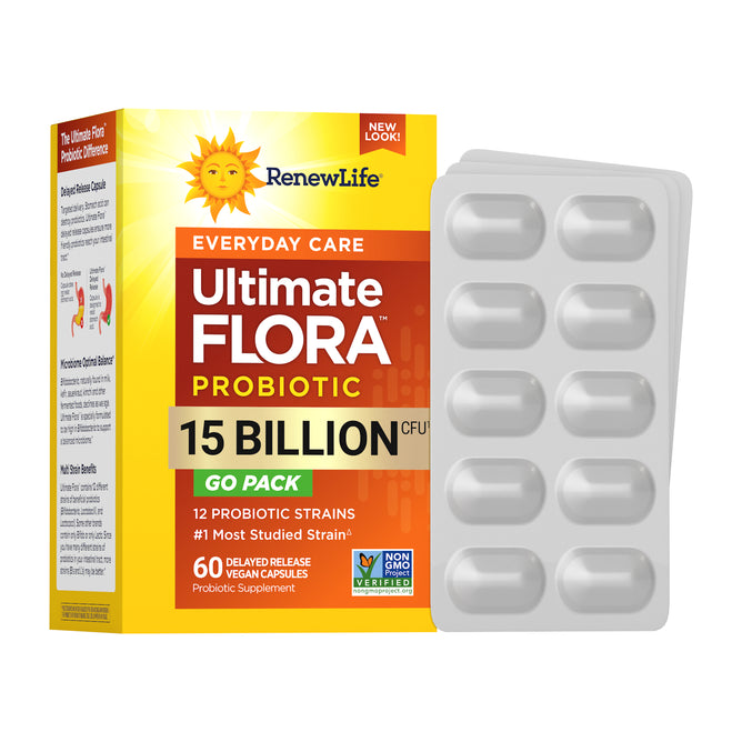 A box of Renew Life Everyday Care Go Pack 15 Billion 12 Strains Delayed Release, containing 60 capsules to support digestive and immune health, is shown with a blister pack of 10 capsules beside it.