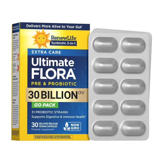 A box of Renew Life Extra Care Go Pack 30 Billion 12 Strains Delayed Release with a blister pack of 10 capsules beside it. This vegan, non-GMO probiotic supports digestive and immune health.