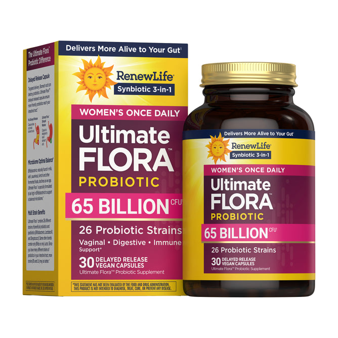 A box and bottle of Renew Life Women's 65B Probiotic, a dietary supplement with 65 billion CFU, 26 prebiotic and probiotic strains, and 30 delayed-release vegan capsules in vibrant purple and yellow packaging.