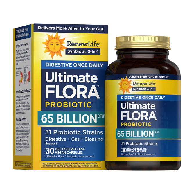 A bottle and box of Renew Life Digestive 65 B Probiotic, featuring 65 Billion CFU, 31 strains, and 30 delayed release vegan capsules for digestive and immune support with prebiotics, probiotics, and postbiotics.