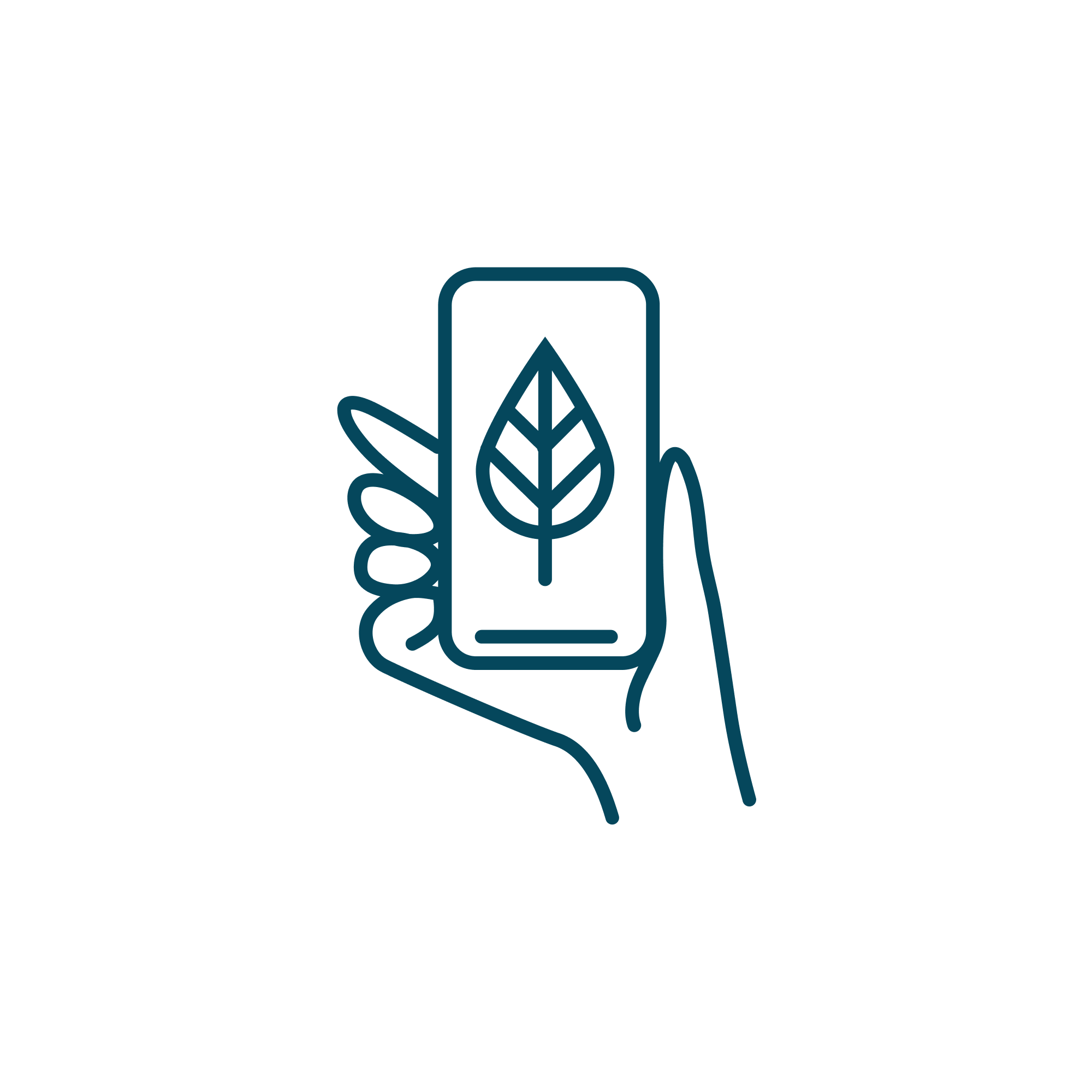 Line drawing of a hand holding a smartphone with a leaf icon on the screen, symbolizing eco-friendly or sustainable technology.