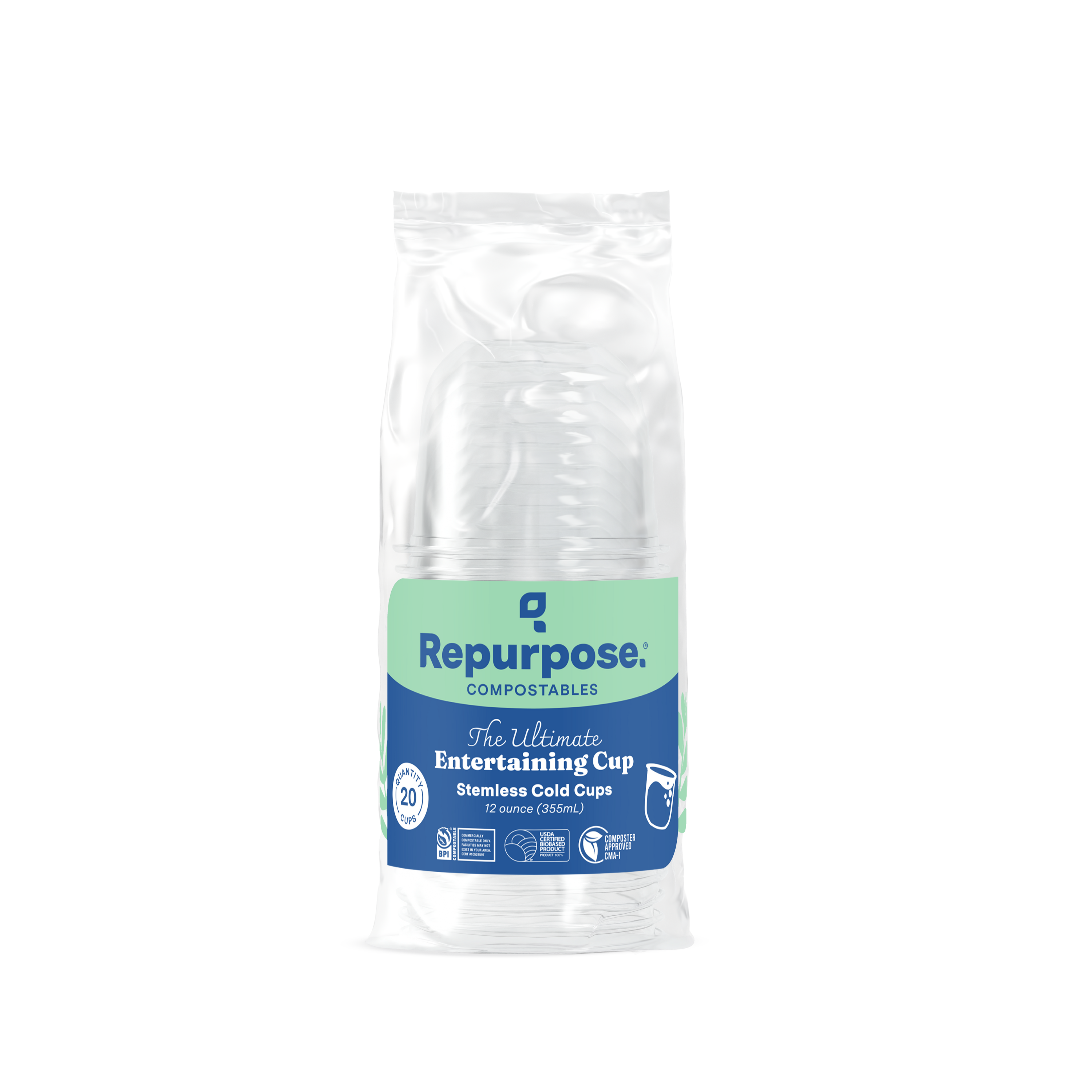 A clear plastic package of Repurpose Compostable Cold Cups. The label reads: Repurpose - Compostables, 20 count, Stemless Cold Cups, 16 fl oz. These BPA-free, non-toxic cups are safe for sipping and ideal for entertaining.