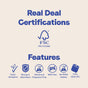 A graphic titled Real Deal Certifications with the FSC logo displays icons for Repurpose Bamboo Toilet Paper 3ply 300 sheets, 4pk—hypoallergenic, strong & absorbent, chlorine & fragrance free, BPA free, no PFAS added, and soft 3 ply.