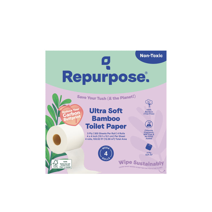 Repurpose Bamboo Toilet Paper 3ply, 300 sheets per roll, 4pk comes in purple and green packaging featuring “Non-Toxic," “Reduce Your Carbon Buttprint,” and highlights its durable, eco-friendly materials from sustainable sources.