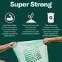 Two hands stretch a Repurpose Lavender Scented Compostable Small Bin Bag with “Replace it with,” beneath icons highlighting that the bag is strong, compostable, and breaks down after use.