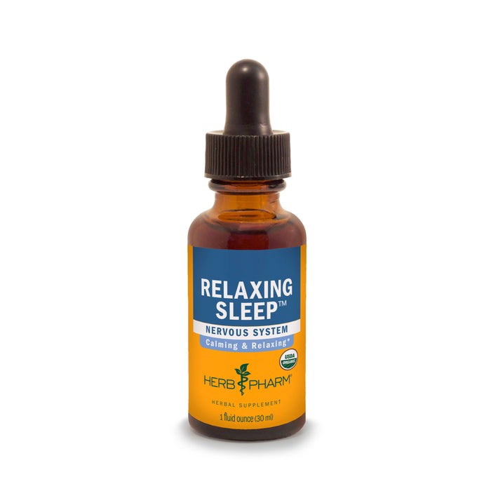 A brown dropper bottle of Relaxing Sleep by Herb Pharm, featuring calming chamomile. The blue and yellow label describes this soothing herbal supplement in a 1 fl oz (30 ml) bottle.