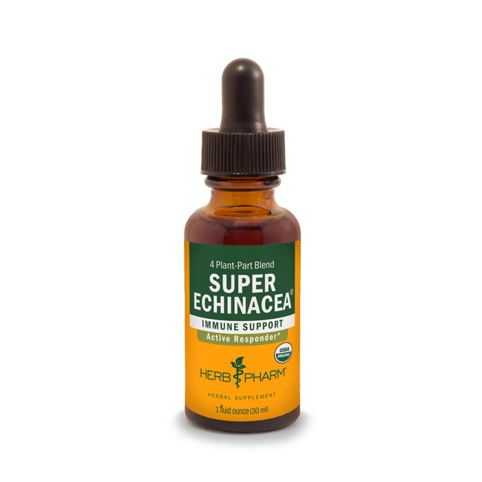 A 1 fl oz (30 ml) brown dropper bottle of Herb Pharm Super Echinacea herbal supplement, featuring a green and orange Certified Organic label and a black dropper cap.