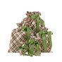 A set of five reusable gift bags from Waste Free Celebrations, made from 100% cotton in assorted plaid patterns and sizes, each tied with a green satin ribbon bow, are displayed together on a white background—an eco-friendly and charming solution for sustainable gift wrap.