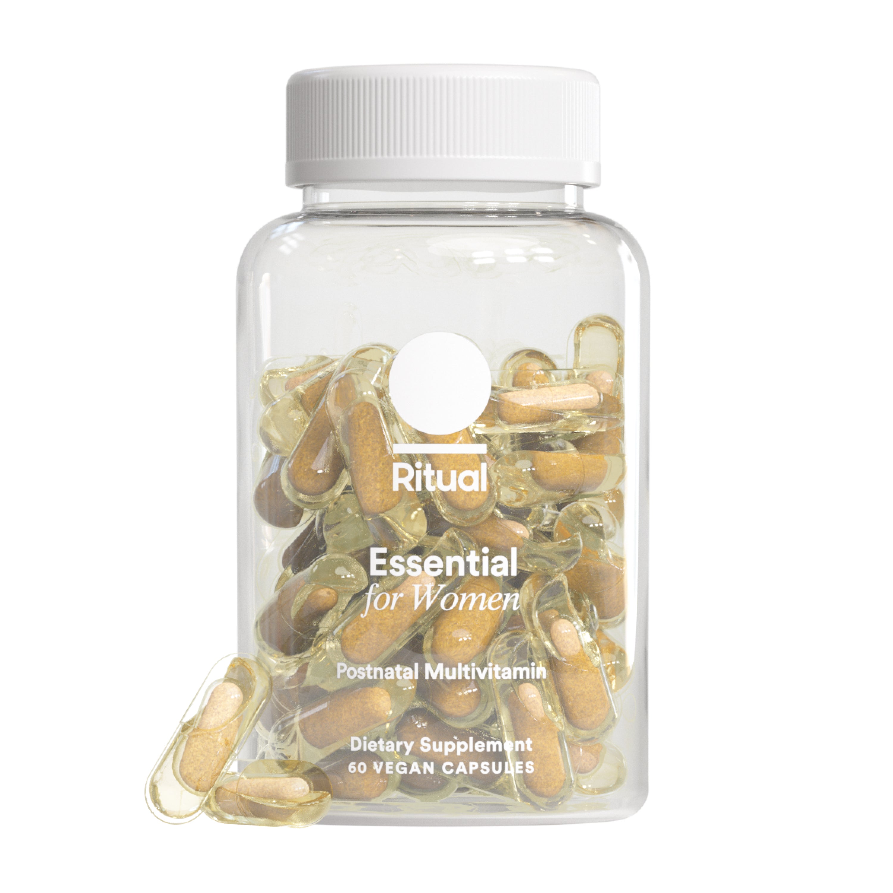 A clear bottle labeled Ritual Women's Postnatal Multivitamin holds yellowish vegan capsules, features 60 per bottle, and highlights omega-3 DHA among key nutrients. One capsule is shown outside the bottle.