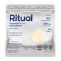 A pouch of Ritual Essential Protein Daily Natal, a plant-based vanilla protein powder for pregnancy and postpartum. Silver packaging shows 20g protein, 250mg choline, 0g sugar, and certification badges.