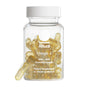 A clear bottle labeled Ritual Omega 3-DHA holds yellow capsules. The label notes DHA + EPA from microalgae oil for brain and heart health, dietary supplement, 30 vegan capsules. One capsule is outside the bottle.