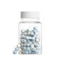 A clear bottle labeled Ritual Sleep contains 20 blue and white vegan capsules for natural sleep support. This dietary supplement by Ritual features melatonin to help promote restful sleep.
