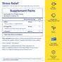 The Ritual Stress Relief supplement facts label features ashwagandha, saffron, and L-theanine for stress support and displays icons for traceability, allergen-free, vegan, non-GMO, and third-party testing on a yellow sidebar.