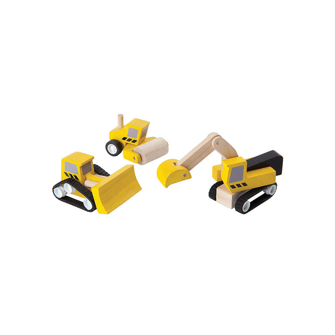 The PlanToys 3 Piece Wooden Road Construction Set features a bulldozer, excavator, and loader in yellow and black. With simple designs, these sustainable toys inspire imaginative play for kids.