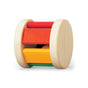 The PlanToys Wooden Roller Rattle Toy for Babies features two circular ends and four colorful slats (red, orange, yellow, green). This sustainable toy promotes sensory exploration and early development as babies roll and play with it.