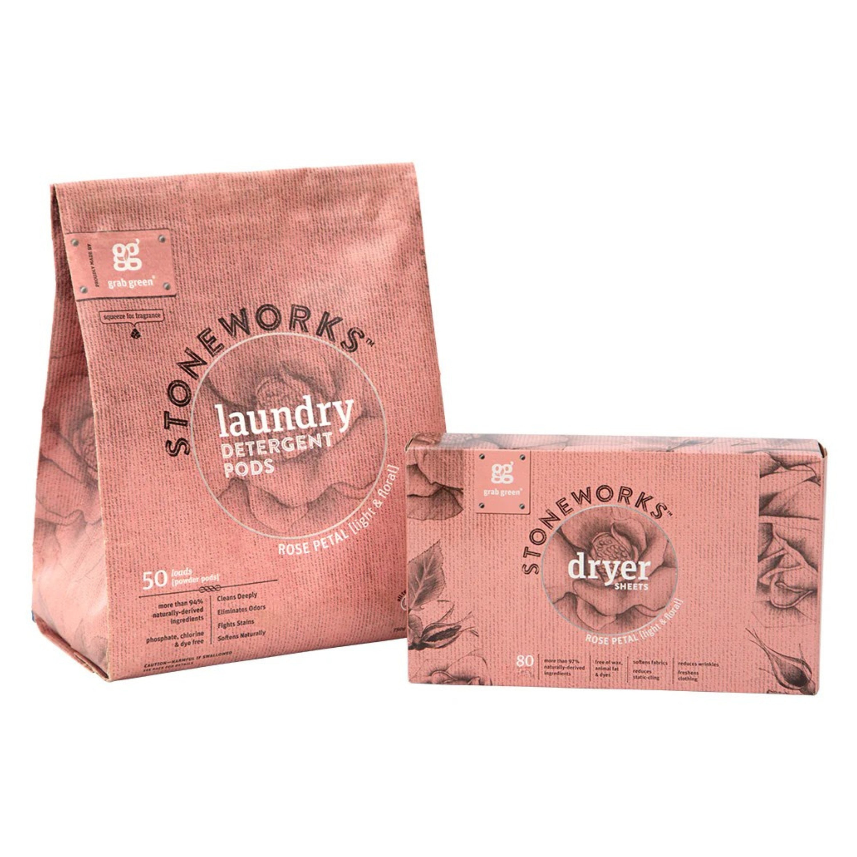 The grab green Stoneworks Laundry Pods and Dryer Sheet Kit - Rose Petal (Coming Soon!) features floral packaging and a fresh rose scent.