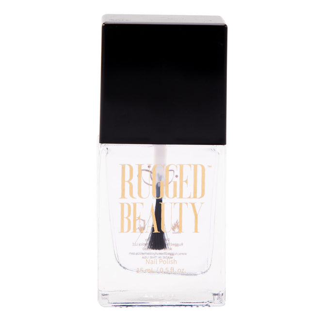 A clear bottle of Lavender Nail Bed Healer by Rugged Beauty features a black rectangular cap and gold lettering, with a visible brush inside nourishing, transparent liquid enriched with ginseng root extract for damaged nails.