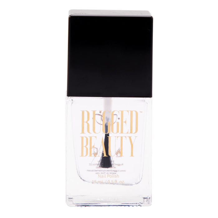 A clear bottle of Lavender Nail Bed Healer by Rugged Beauty features a black rectangular cap and gold lettering, with a visible brush inside nourishing, transparent liquid enriched with ginseng root extract for damaged nails.