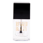 A clear bottle of Lavender Nail Bed Healer by Rugged Beauty features a black rectangular cap and gold lettering, with a visible brush inside nourishing, transparent liquid enriched with ginseng root extract for damaged nails.