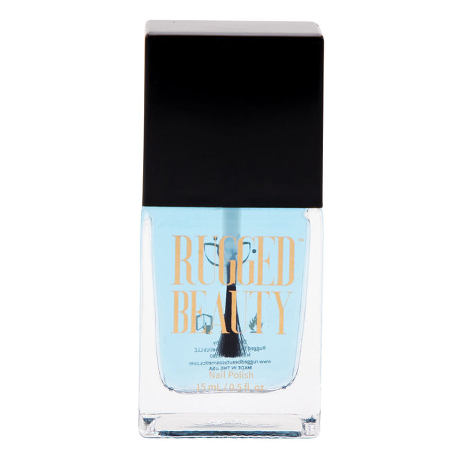 A clear glass bottle of Rugged Beauty Hydrating Base Coat nail polish with a black cap and light blue shade. The gold label reads RUGGED BEAUTY—a hydrating base coat that protects nails for a healthy, beautiful look.