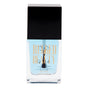 A clear glass bottle of Rugged Beauty Hydrating Base Coat nail polish with a black cap and light blue shade. The gold label reads RUGGED BEAUTY—a hydrating base coat that protects nails for a healthy, beautiful look.