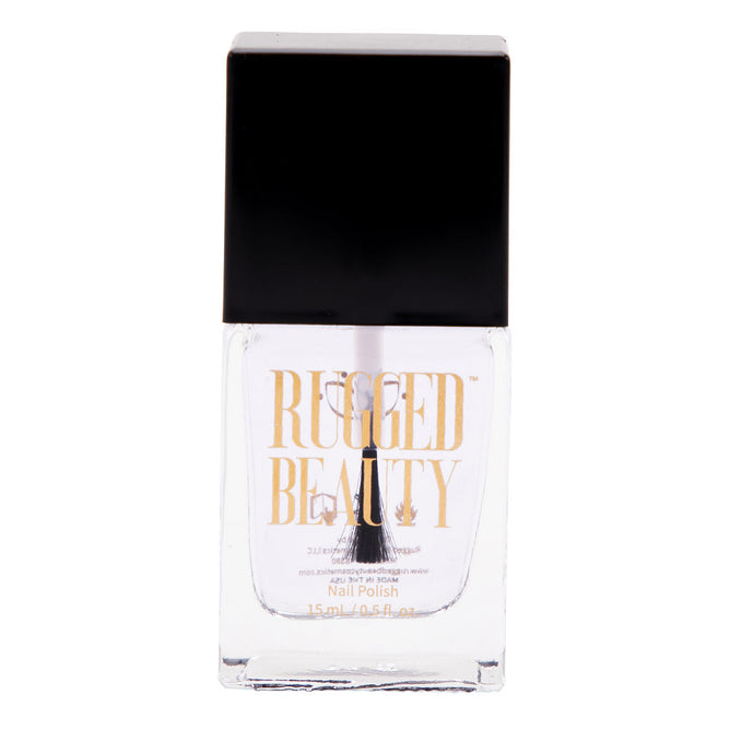 A clear bottle of Rugged Beauty Quick Dry Top Coat nail polish with a black cap and gold text on the front, standing upright against a white background for a high gloss shine finish.