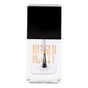 A clear bottle of Rugged Beauty Quick Dry Top Coat nail polish with a black cap and gold text on the front, standing upright against a white background for a high gloss shine finish.