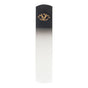 The Lotus Glass Nail File by Rugged Beauty features a black top with a gold lotus flower design that transitions to clear at the base. Ideal for any manicure or nail kit, it stands upright against a white background.