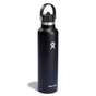 The black 24 oz Hydro Flask Standard Mouth Bottle with a Flex Straw Cap features a sleek design, white brand logo, and a black lid with a handle. Its TempShield insulation keeps drinks cold, while its cupholder-compatible size casts a soft shadow on a white background.