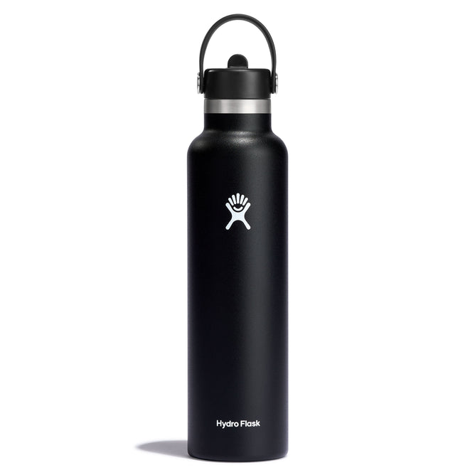 The 24 oz Hydro Flask Standard Mouth Bottle with Flex Straw Cap features a sleek black design, TempShield double-wall insulation for excellent temperature control, a top handle, iconic logo, and leakproof cap. Its also cupholder-compatible for easy transport.