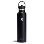 The 24 oz Hydro Flask Standard Mouth Bottle with Flex Straw Cap features a sleek black design, TempShield double-wall insulation for excellent temperature control, a top handle, iconic logo, and leakproof cap. Its also cupholder-compatible for easy transport.