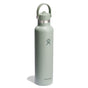 The Hydro Flask 24 oz Standard Mouth Bottle features a light green stainless steel design with a smiling figure logo, screw-on lid, handle, and matte finish. Its TempShield double-wall insulation keeps drinks hot or cold and fits perfectly in cupholders.