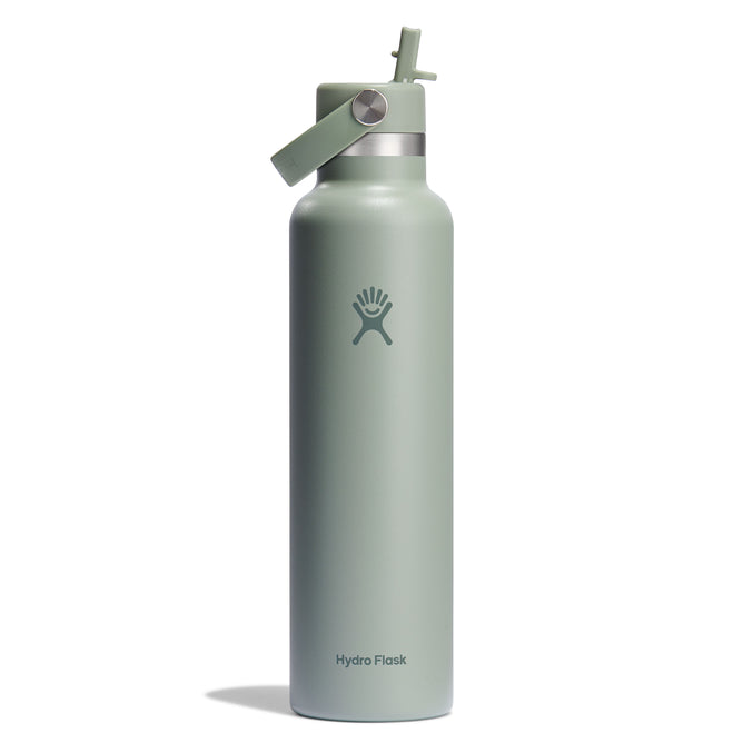 A sage green Hydro Flask Standard Mouth Bottle, 24 oz, with TempShield double-wall insulation and a leakproof Flex Straw Cap is centered against a white background, blending style and function.