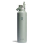 A sage green Hydro Flask Standard Mouth Bottle, 24 oz, with TempShield double-wall insulation and a leakproof Flex Straw Cap is centered against a white background, blending style and function.