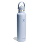 The Hydro Flask Standard Mouth Bottle with Flex Straw Cap, 24 oz, in light blue features TempShield double-wall insulation, a looped handle on the lid, cupholder compatibility, and a silver band with a logo and stylized figure to keep your drink cold on the go.