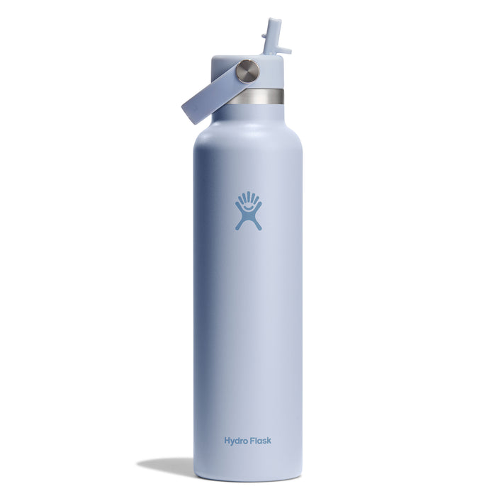 The Hydro Flask 24 oz Standard Mouth Bottle in light blue features a Flex Straw Cap, carrying handle, brand logo on the front, and TempShield double-wall insulation. Its cupholder-compatible for extreme temperature control.