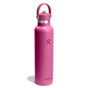 The Hydro Flask Standard Mouth Bottle with Flex Straw Cap, 24 oz, is a vibrant pink insulated bottle with TempShield technology, a top handle, cupholder compatibility, silver neck band, and features a logo of a stylized figure with outstretched arms on the front.