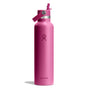 A pink 24 oz Hydro Flask Standard Mouth Bottle with Flex Straw Cap is positioned against a white backdrop, showcasing its TempShield double-wall insulation. It has a silver band by the leakproof cap and a small handle. The Hydro Flask logo is prominently visible on the front.