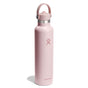 The Hydro Flask Standard Mouth Bottle with Flex Straw Cap, 24 oz, is a tall, light pink insulated water bottle featuring a looped lid and stylized hand logo. Its sleek design includes TempShield double-wall insulation for hours of cold drinks and is cupholder-compatible, against a white background.
