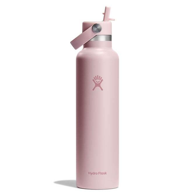 A pink Hydro Flask Standard Mouth Bottle, 24 oz, features the iconic logo, Flex Straw Cap, and handle. Its cupholder-compatible with TempShield double-wall insulation for optimal performance and stands upright against a white background.